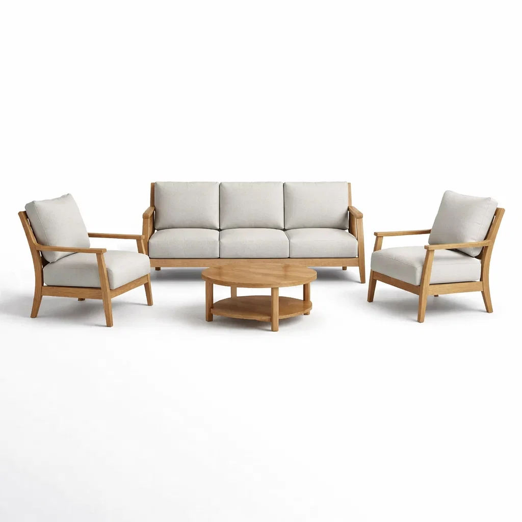 Ensemble de canapés en bois avec canapés et fauteuils en tissu beige-Cosy Cab Ine