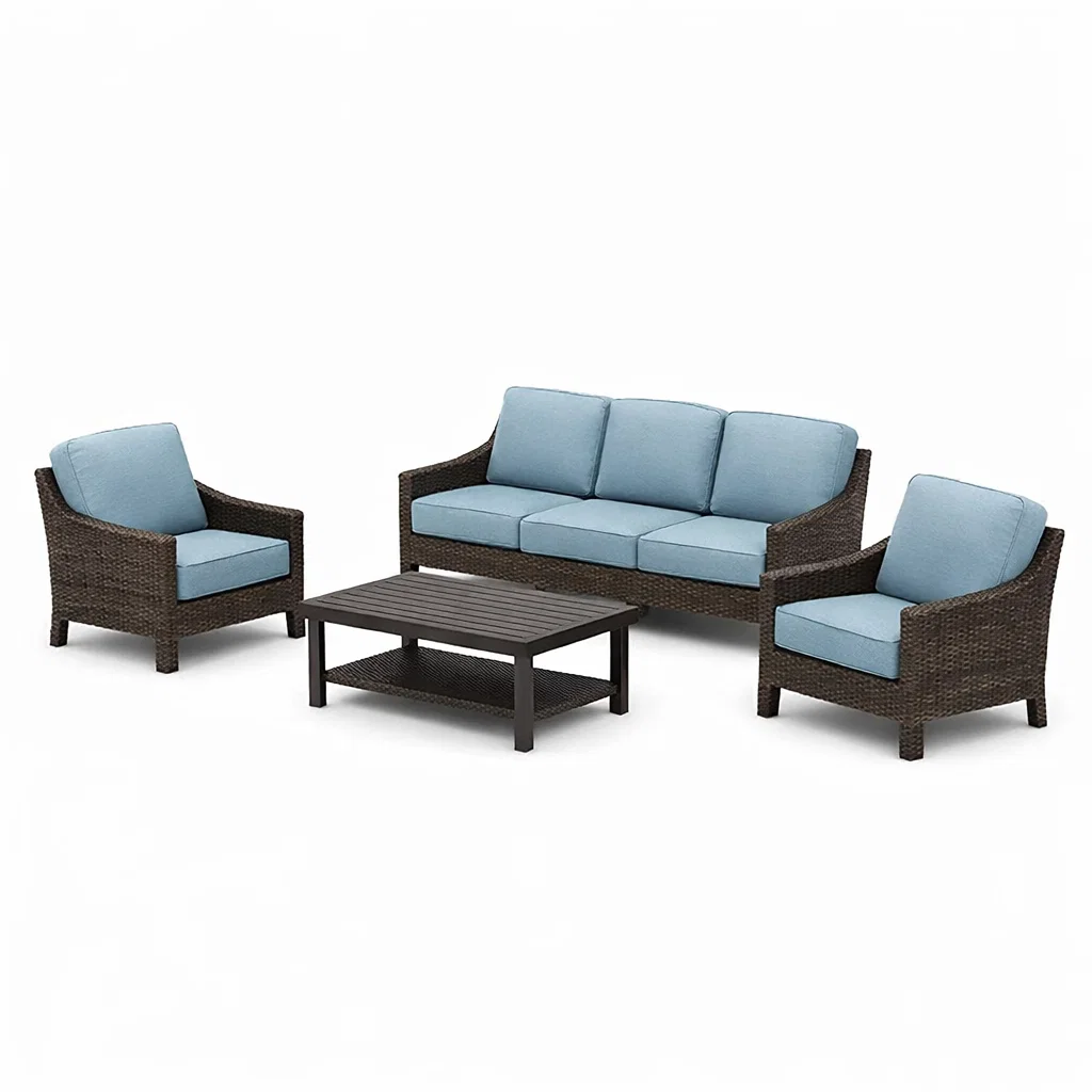 Ensemble de canapés de jardin en résine tressée avec coussins bleus et table basse-Cosy Cab Ine