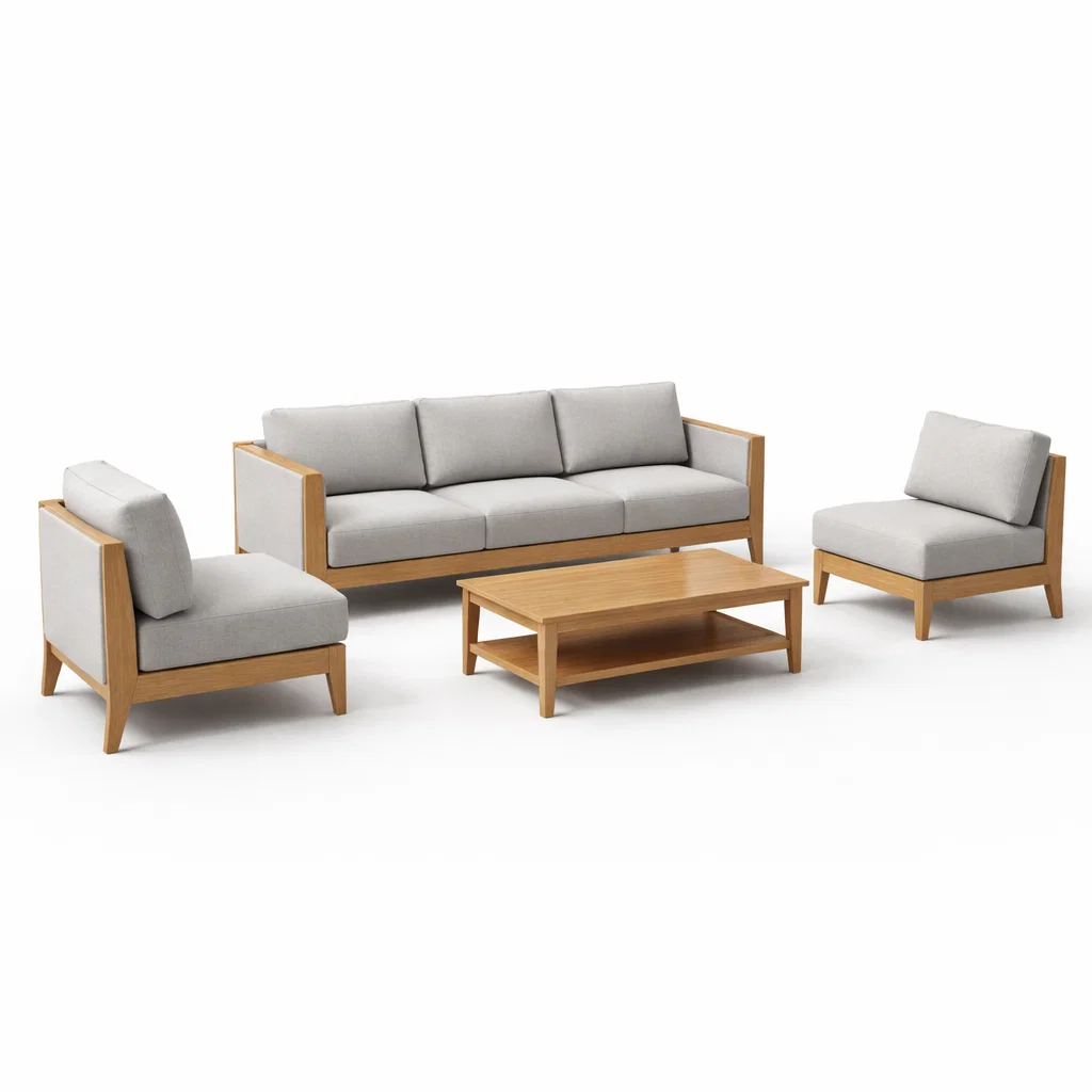 Ensemble de canapés en bois massif et tissu polyester gris avec table basse-Cosy Cab Ine