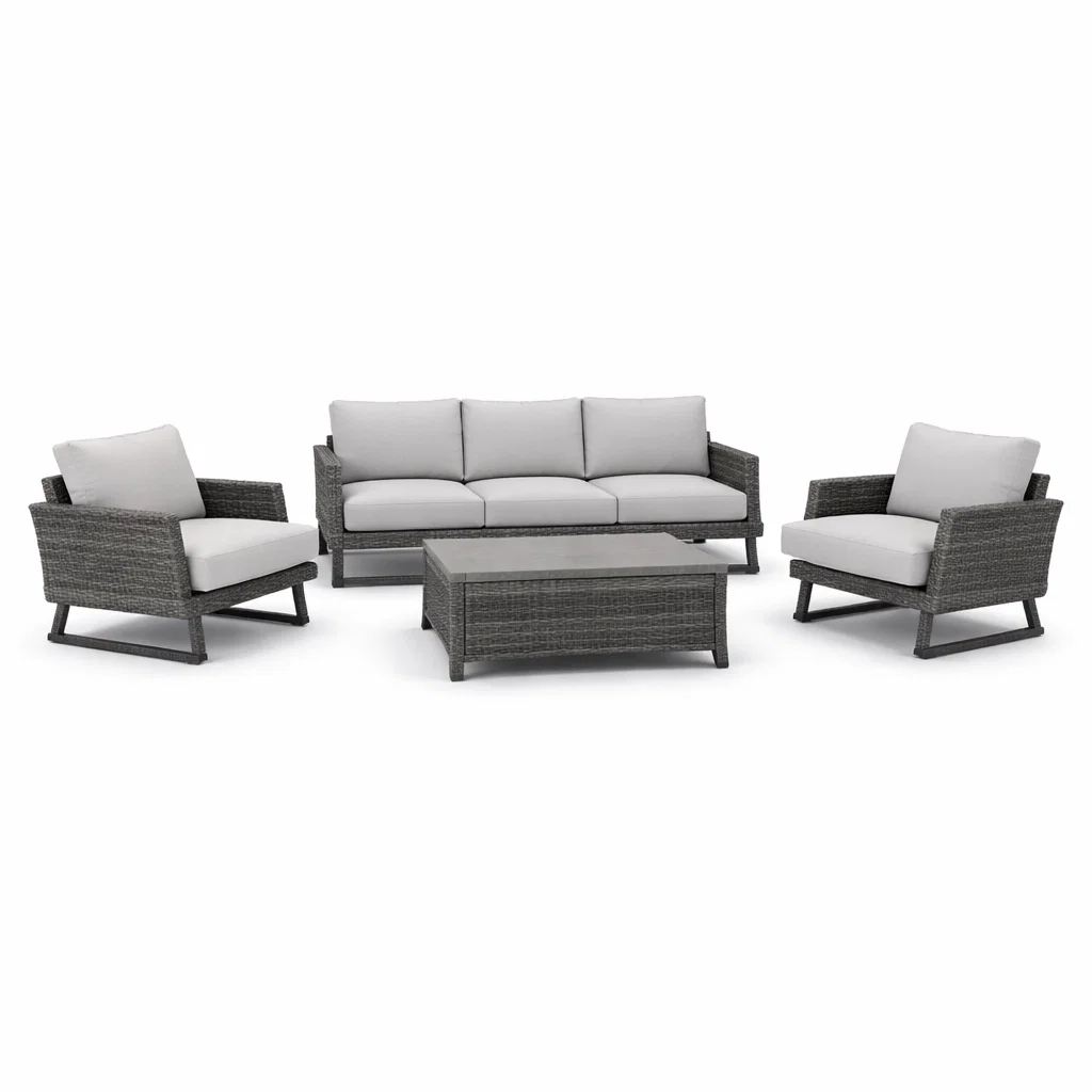 Ensemble de canapés en résine tressée gris avec coussins blancs-Cosy Cab Ine
