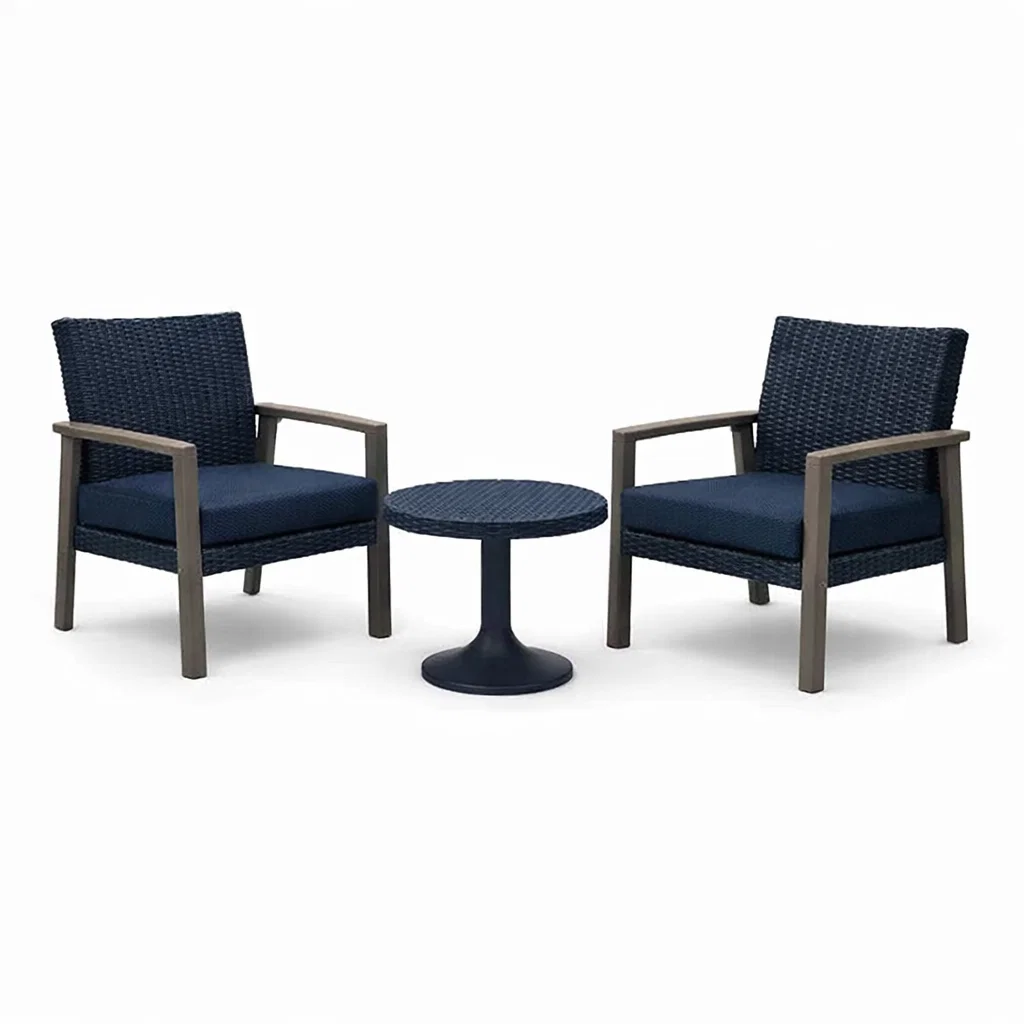 Ensemble de détente avec fauteuils et table en résine tressée bleue et cadre en aluminium-Cosy Cab Ine