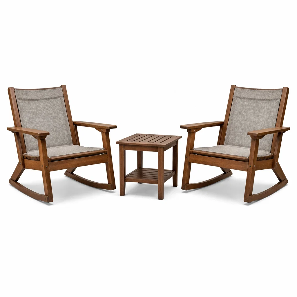 Ensemble de détente avec chaises à bascule et table en bois d’acacia et polyester gris-Cosy Cab Ine