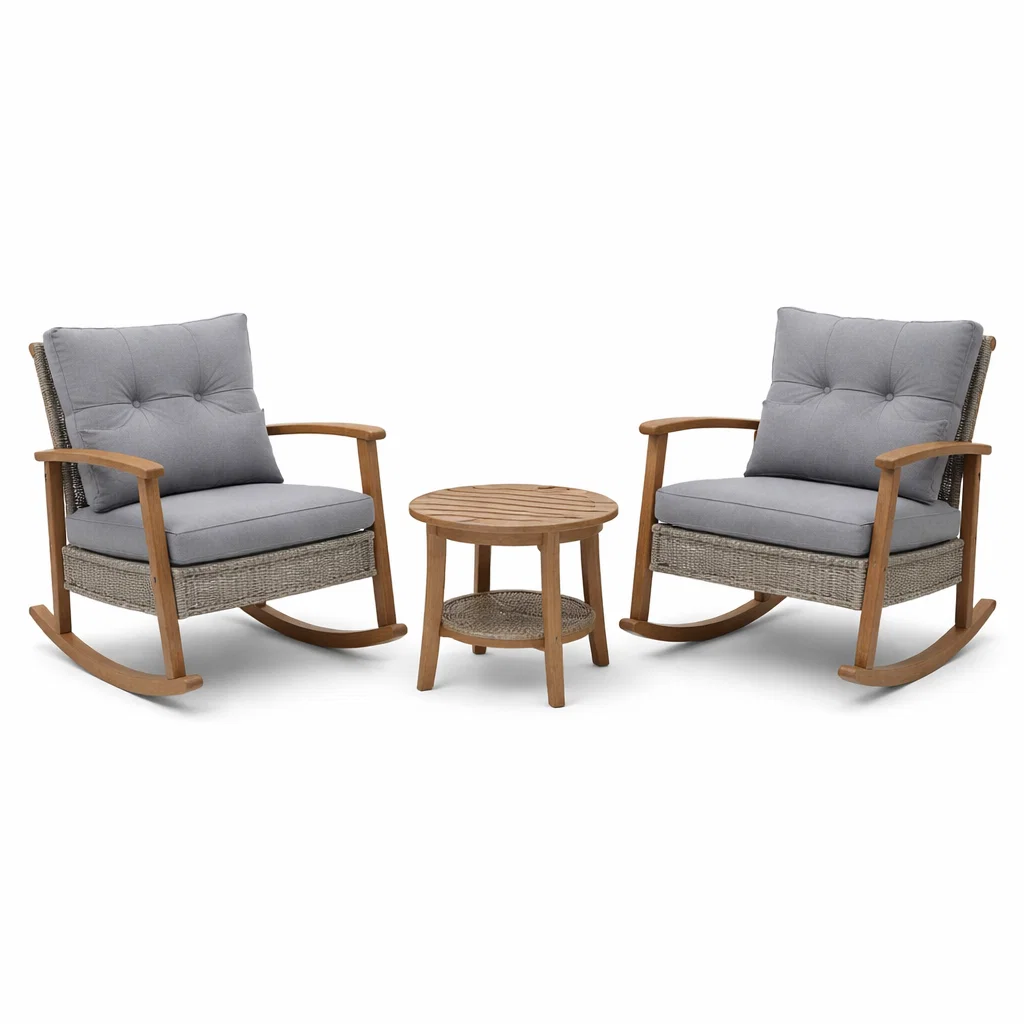 Ensemble de détente de jardin en bois avec fauteuils à bascule et table ronde-Cosy Cab Ine