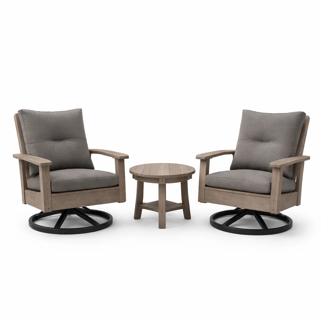Ensemble de détente avec fauteuils pivotants en bois gris et table ronde-Cosy Cab Ine