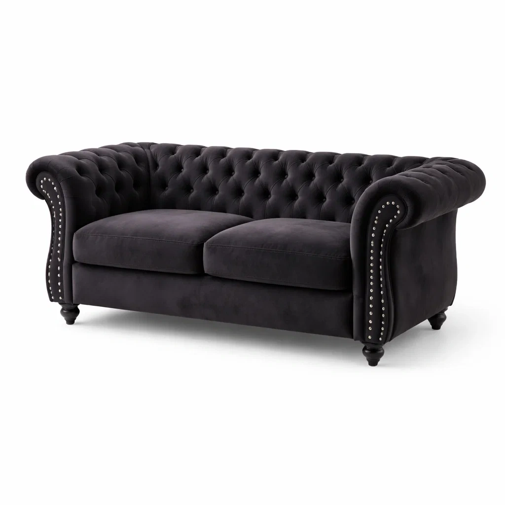 Canapé Chesterfield en velours noir 200 cm-ELEGANT COUCH