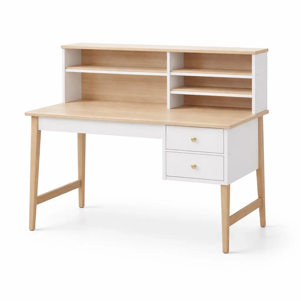 Bureau en bois avec étagères et tiroirs blanc et chêne-cozyflairzz