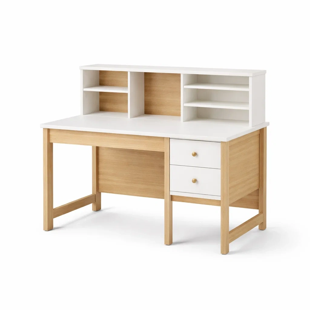 Bureau en MDF avec étagères et tiroirs blanc et chêne clair-cozyflairzz