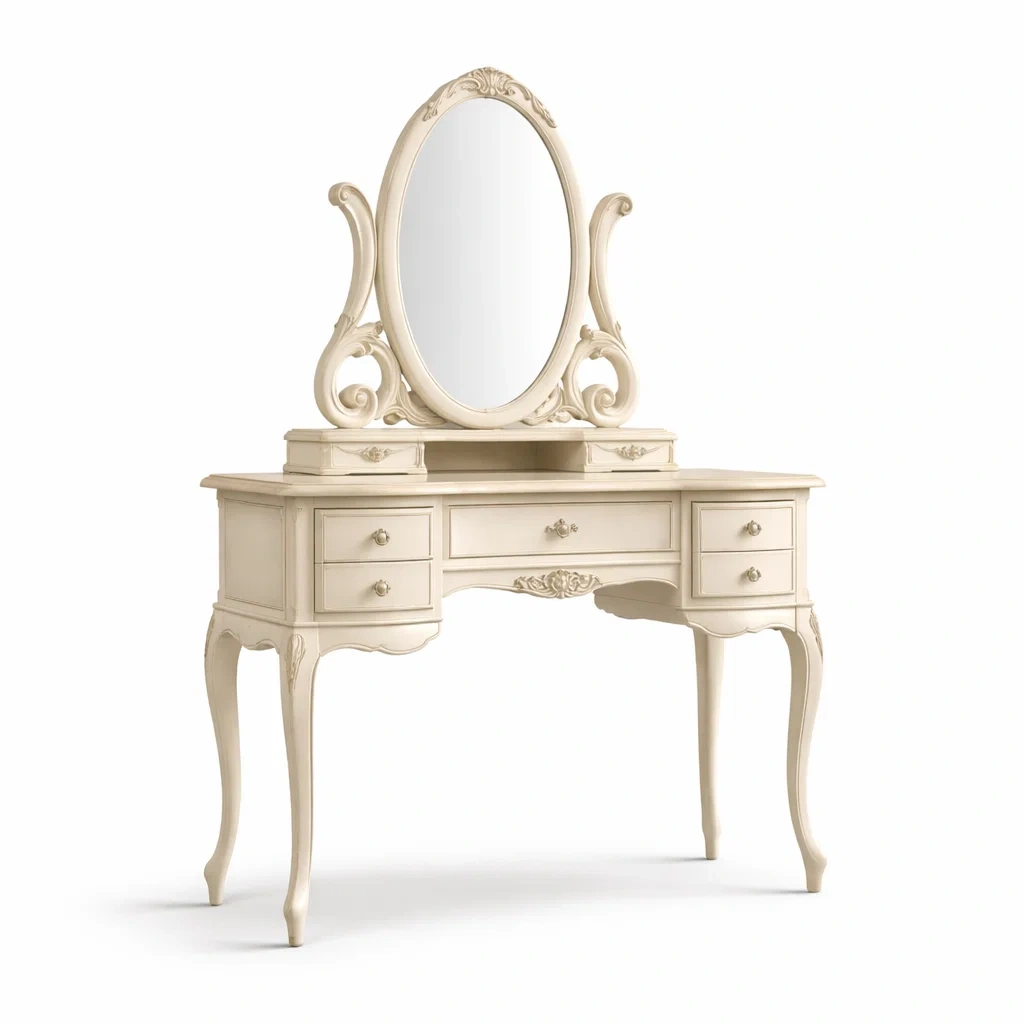 Coiffeuse en bois style vintage avec miroir ovale crème-cozyflairzz