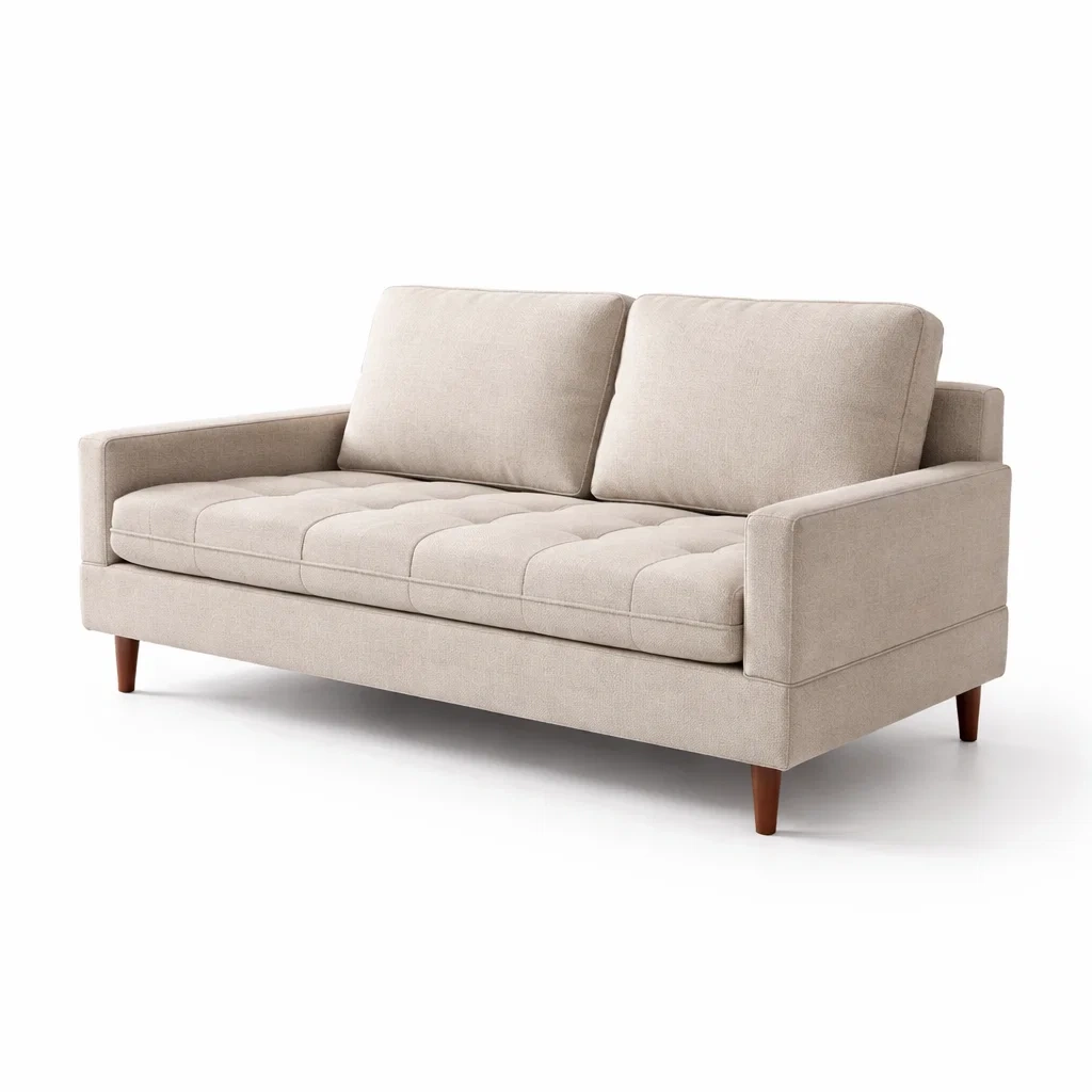 Canapé trois places en tissu beige avec pieds en bois-PURESHACKZZ