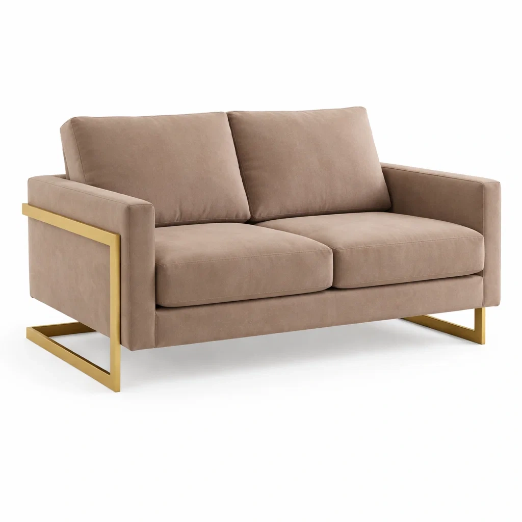 Canapé deux places en tissu beige avec cadre en métal doré-PURESHACKZZ