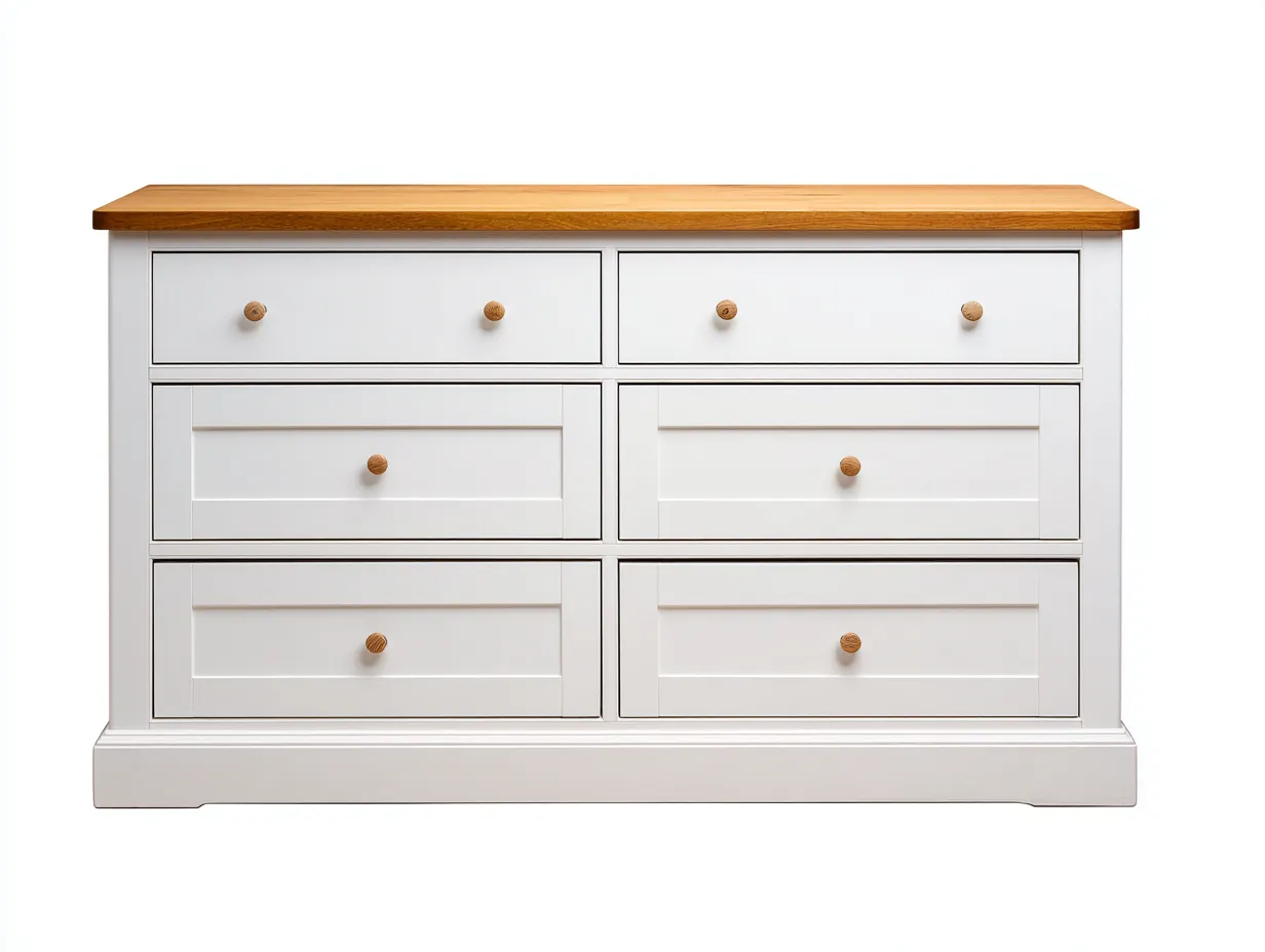 Commode en bois et MDF 120x45x85 cm - blanc et bois naturel - meuble de rangement intérieur au style classique-Bamboomyshop
