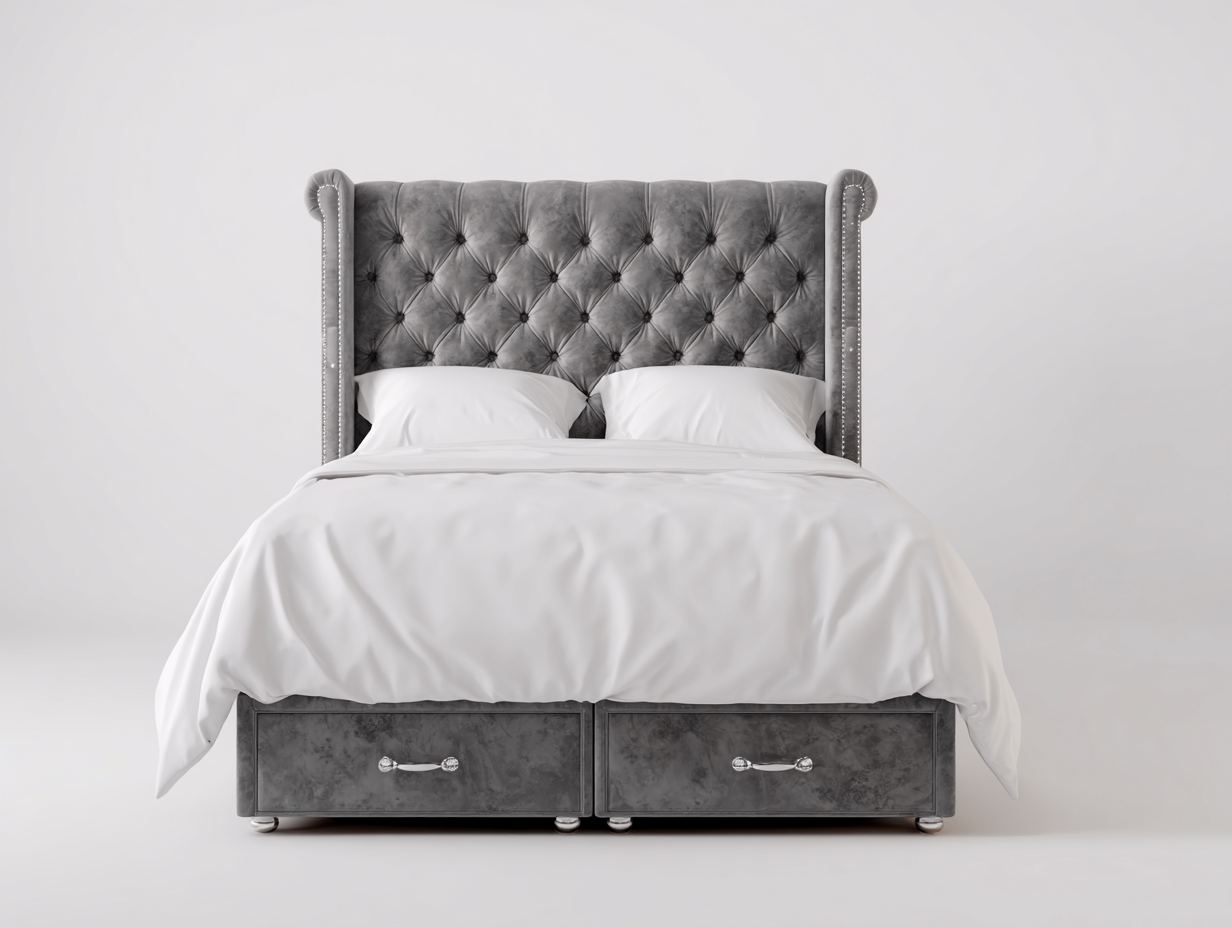 Lit double 210x160x125 cm - tissu capitonné gris - style classique-Bamboomyshop