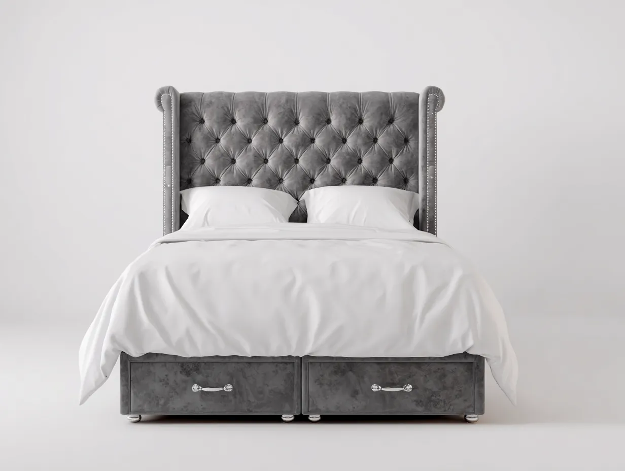 Lit double 210x160x125 cm - tissu capitonné gris - style classique-Bamboomyshop