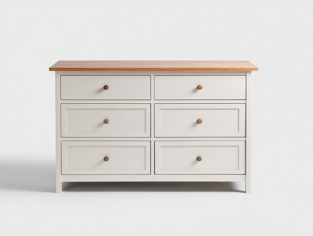 Commode avec plateau en bois et 6 tiroirs 120x45x85 cm - blanc-bois naturel - style moderne-Bamboomyshop