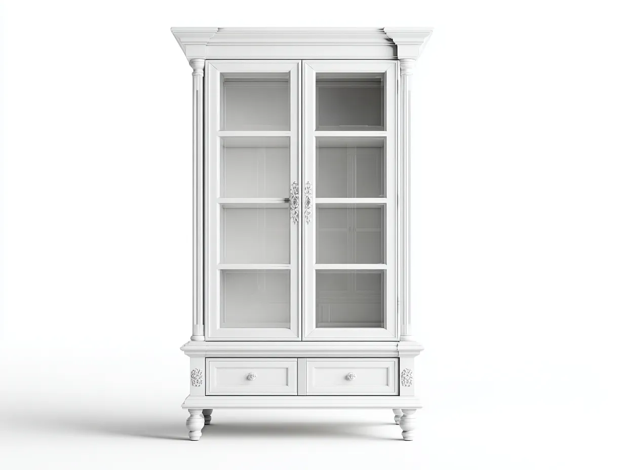 Vitrine 2 portes vitrées avec 2 tiroirs 90x45x190 cm - bois peint blanc - style classique-Bamboomyshop