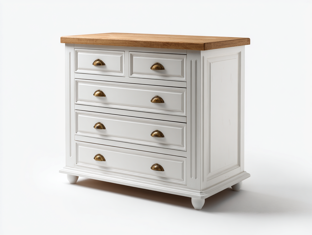 Commode en bois avec tiroirs 90x45x85 cm - Blanc et bois naturel - Style classique raffiné-Bamboomyshop