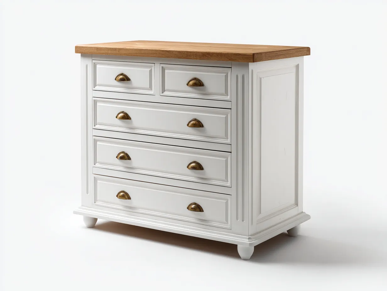Commode en bois avec tiroirs 90x45x85 cm - Blanc et bois naturel - Style classique raffiné-Bamboomyshop