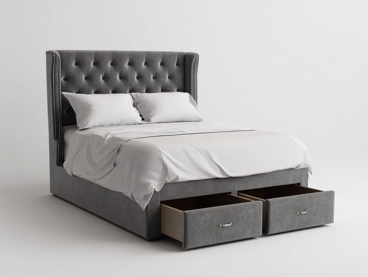 Lit double tissu capitonné avec rangement 200x160x120 cm - Gris - Style élégant-Bamboomyshop