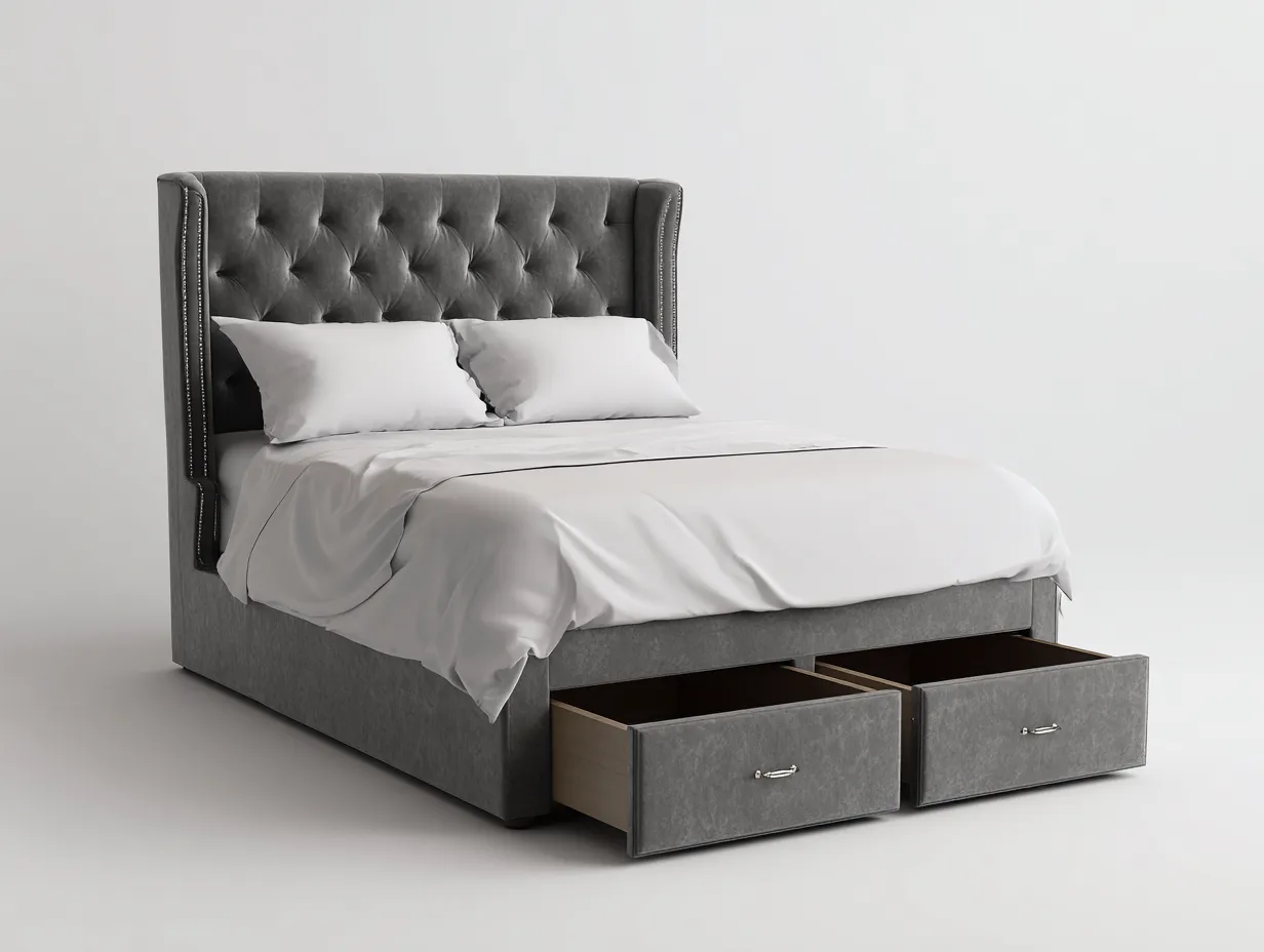 Lit double tissu capitonné avec rangement 200x160x120 cm - Gris - Style élégant-Bamboomyshop