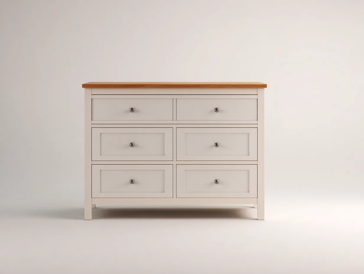 Commode 120x45x90 cm - bois peint beige avec plateau bois naturel - style classique-Bamboomyshop