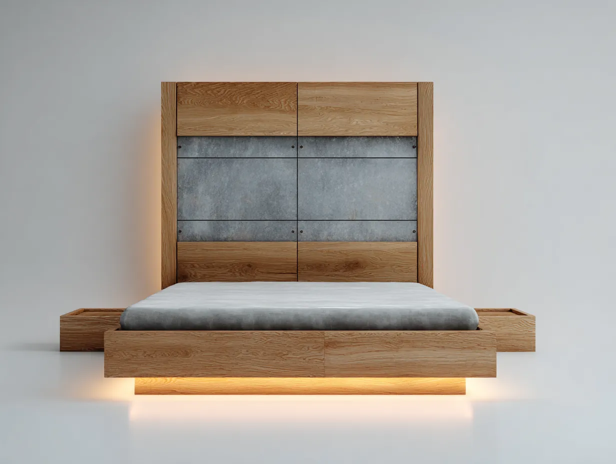 Lit double bois avec tête de lit 200x180x110 cm - Bois naturel et gris - Design contemporain-Bamboomyshop