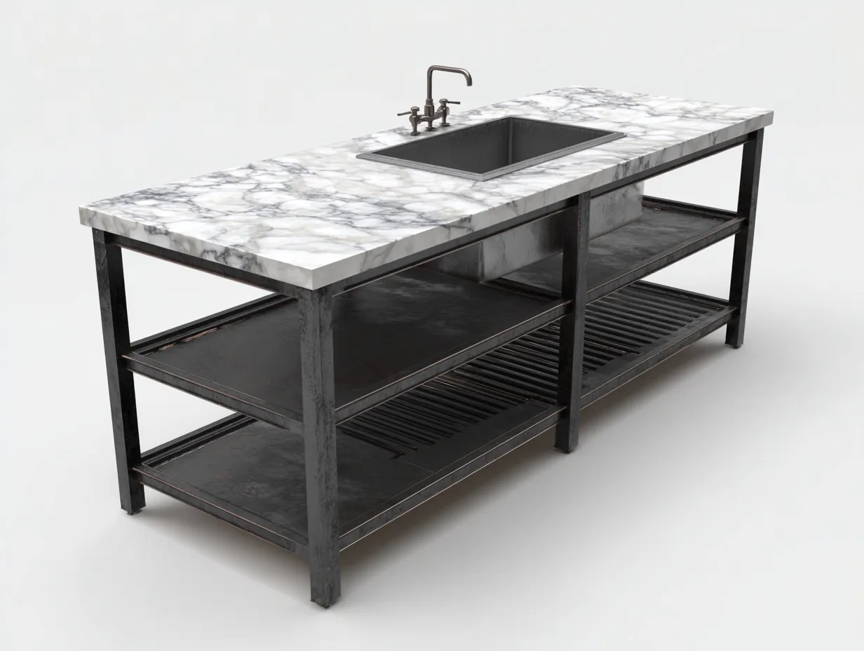 Isola da cucina da esterno - Acciaio-Pietra - 180x70x90 cm - Nero-Bianco - Stile industriale-Luxeuppad