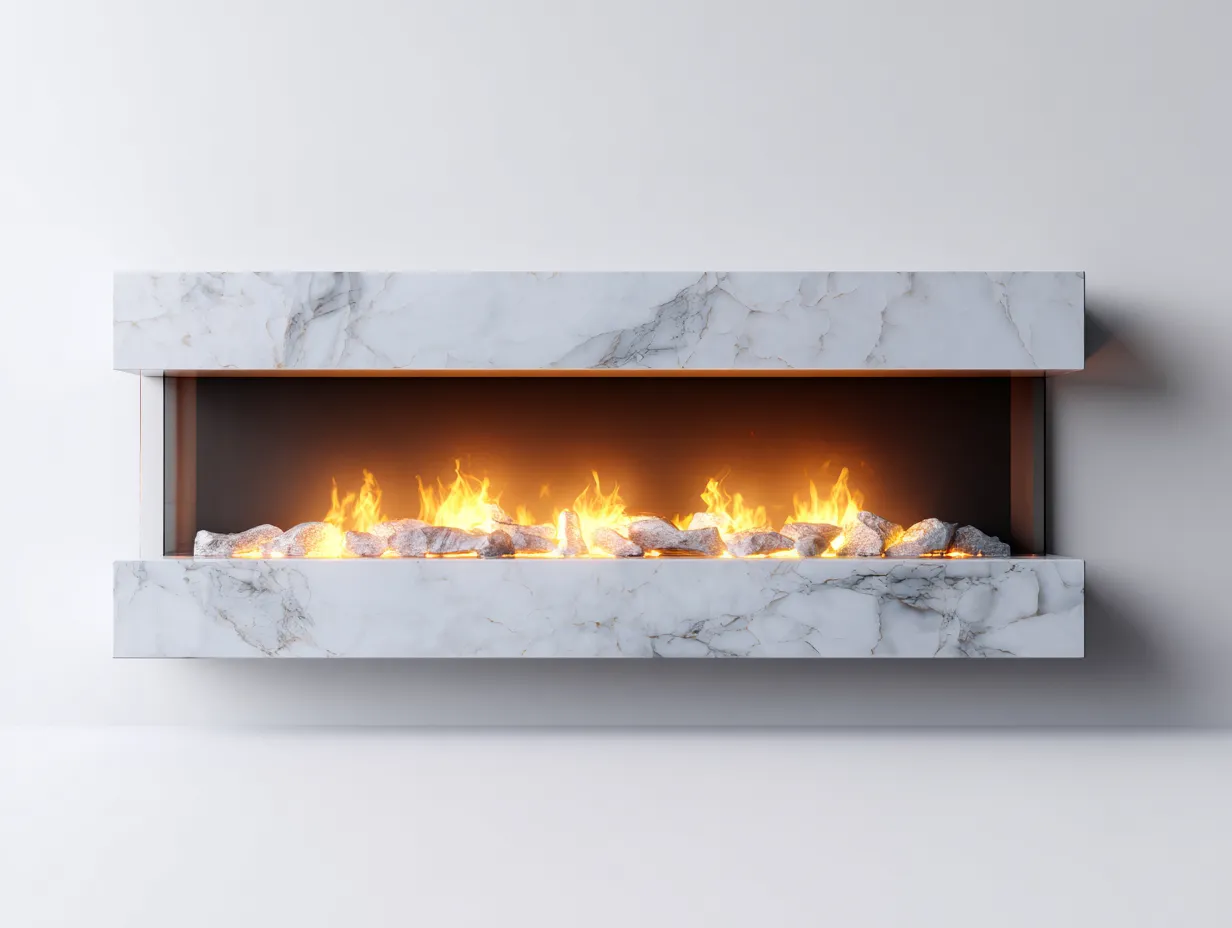 Camino - Marmo-Vetro - 200x45x60 cm - Bianco-Trasparente - Stile moderno-Luxeuppad