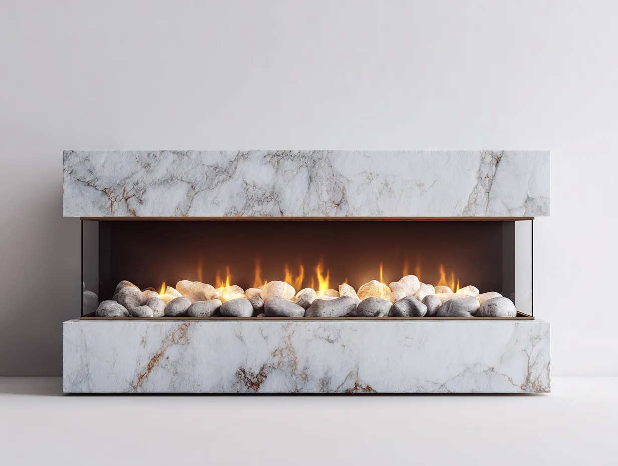 Camino - Marmo-Vetro - 170x45x60 cm - Bianco-Trasparente - Stile moderno-Luxeuppad