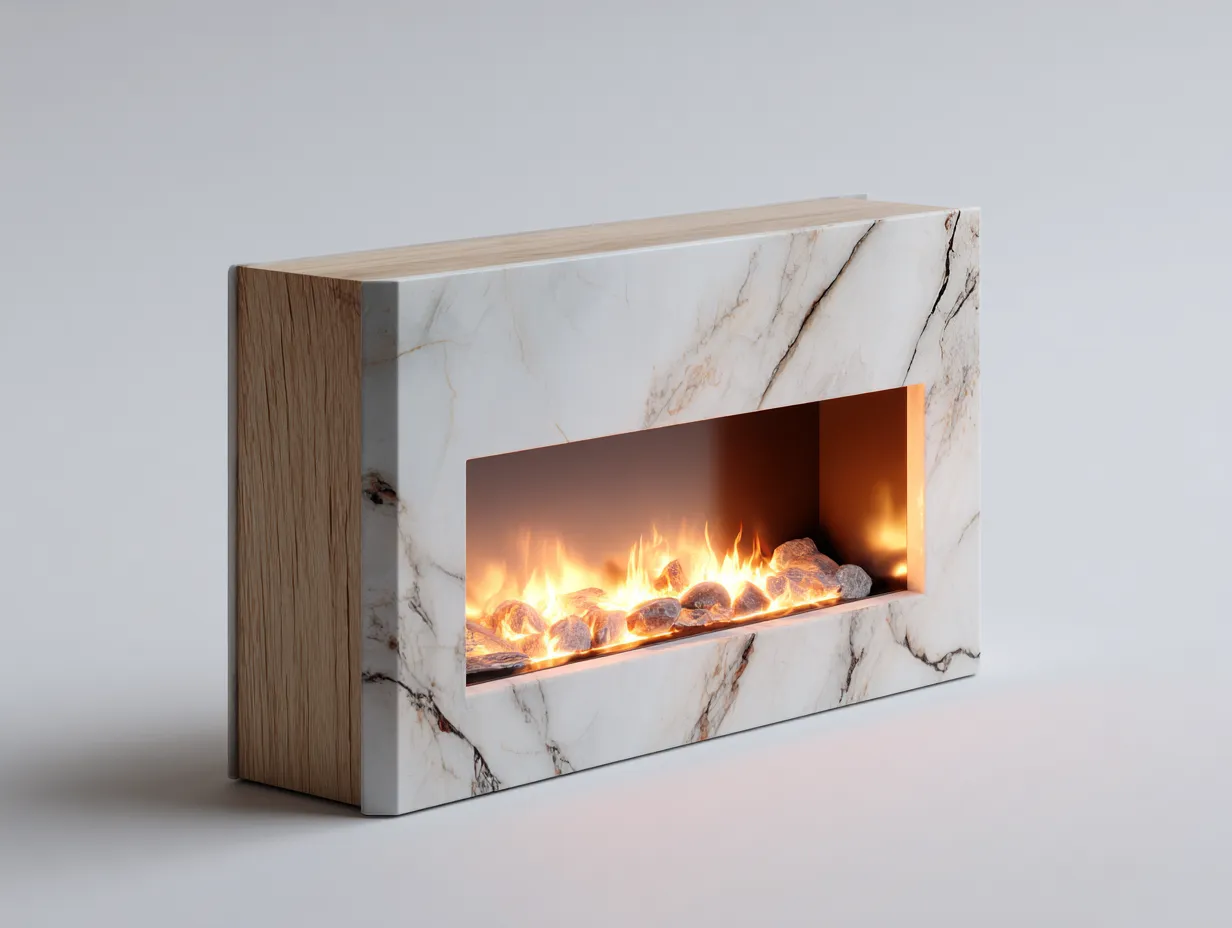 Camino - Marmo-Legno-Vetro - 150x40x70 cm - Bianco-Naturale-Trasparente - Stile moderno-Luxeuppad