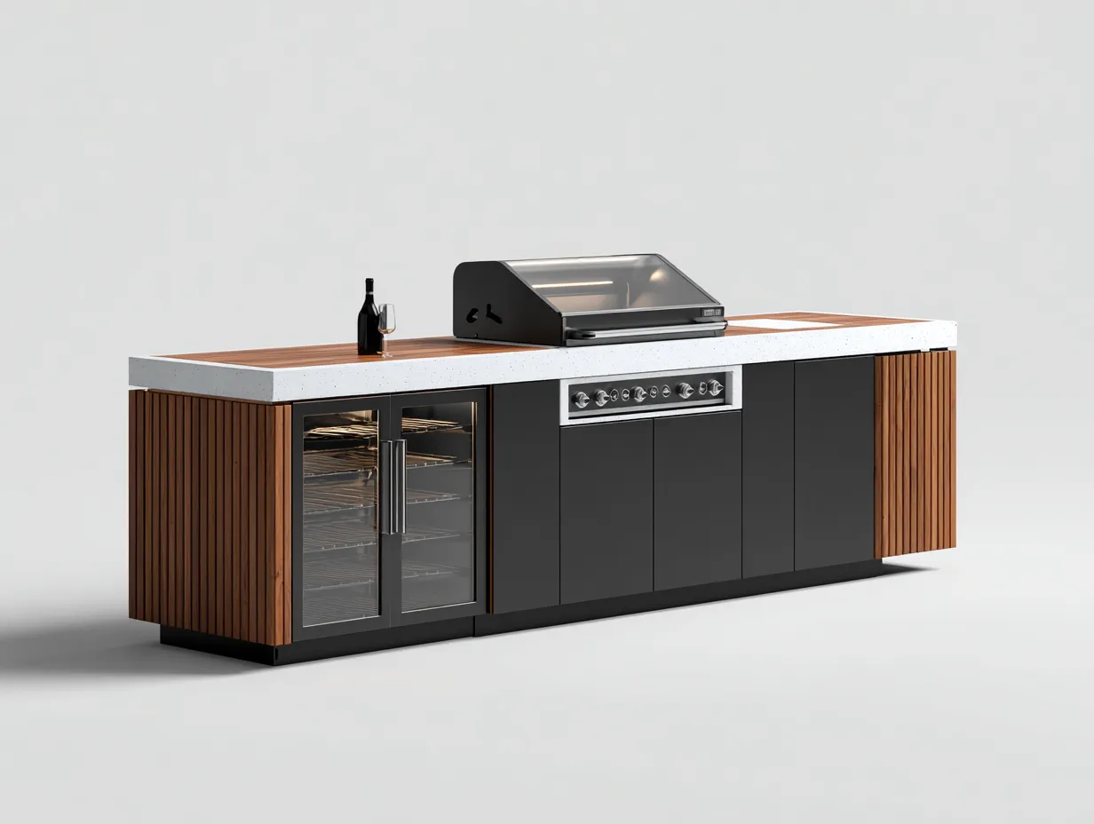 Isola da cucina da esterno - Acciaio-Legno-Pietra - 300x80x95 cm - Nero-Legno - Design moderno-Luxeuppad