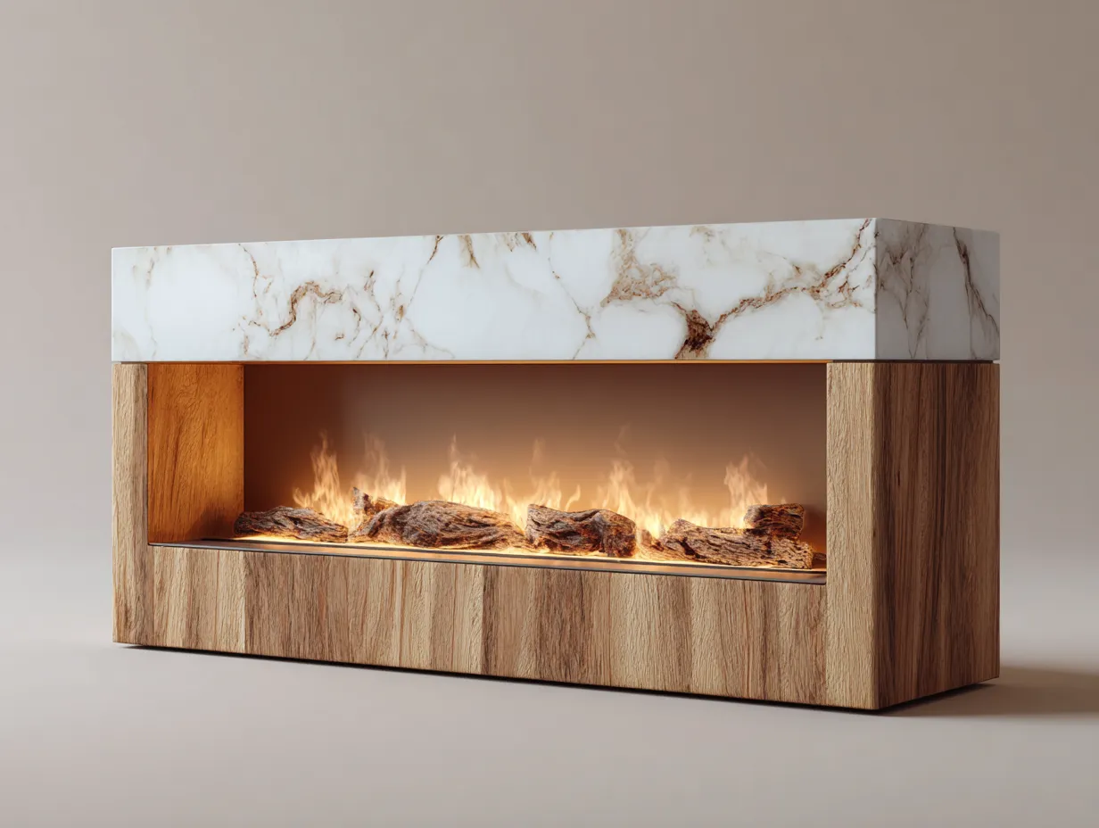 Camino - Marmo-Legno-Vetro - 170x45x65 cm - Bianco-Naturale-Trasparente - Stile moderno-Luxeuppad