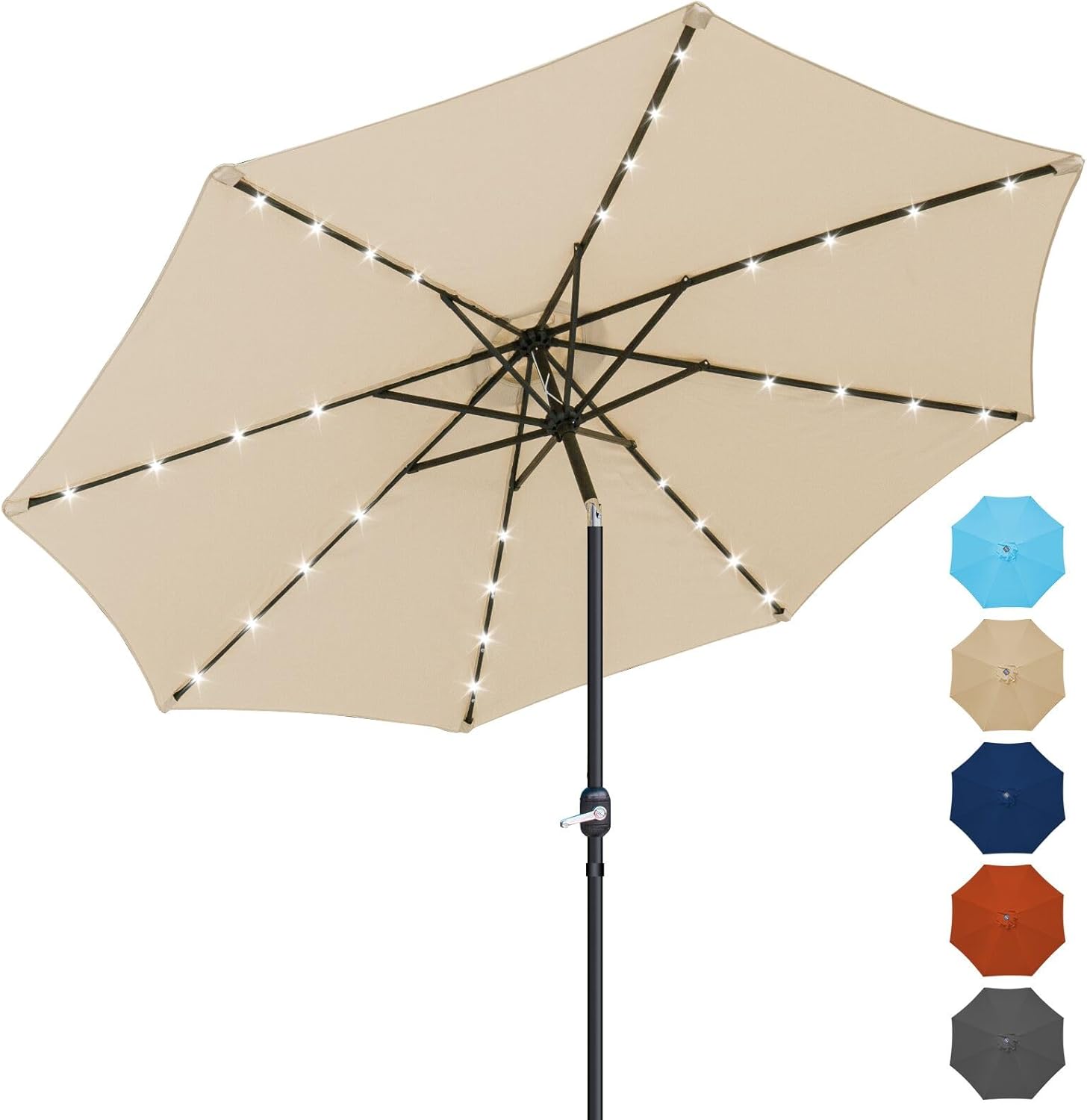 Sombrilla de patio de 10 pies con 32 luces LED solares y 8 varillas-Craftgethaus