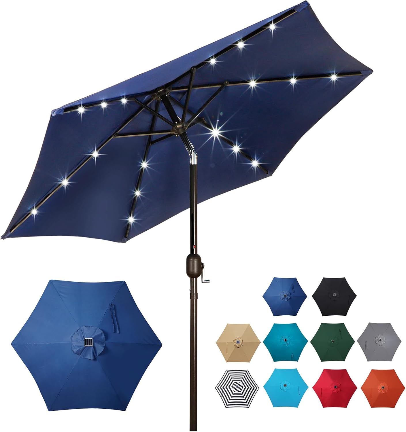 Blissun Sombrilla solar de 7.5 pies con 18 luces LED para patio, sombrilla de mesa con inclinación y manivela, sombrilla para exteriores, para jardín, terraza, patio, piscina y playa, azul marino-Craftgethaus