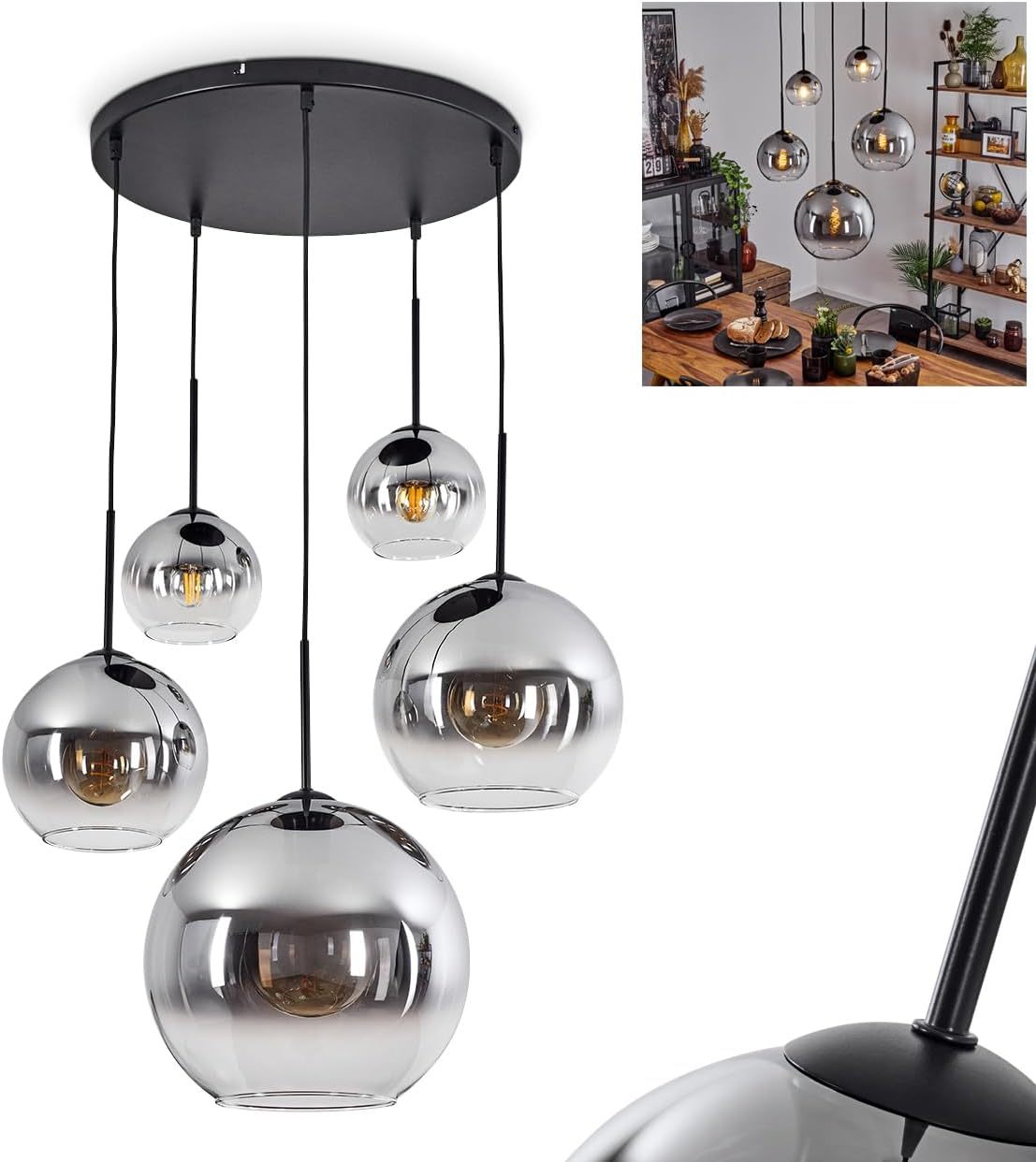 Lámpara colgante Koyoto, lámpara colgante de metal/vidrio en negro/humo/claro, diseño retro con pantallas de vidrio (Ø2 x 15 cm; 20 cm; 25 cm; 30 cm), altura máx. 173 cm, 5 luces, E27, sin bombilla(s)-Craftgethaus