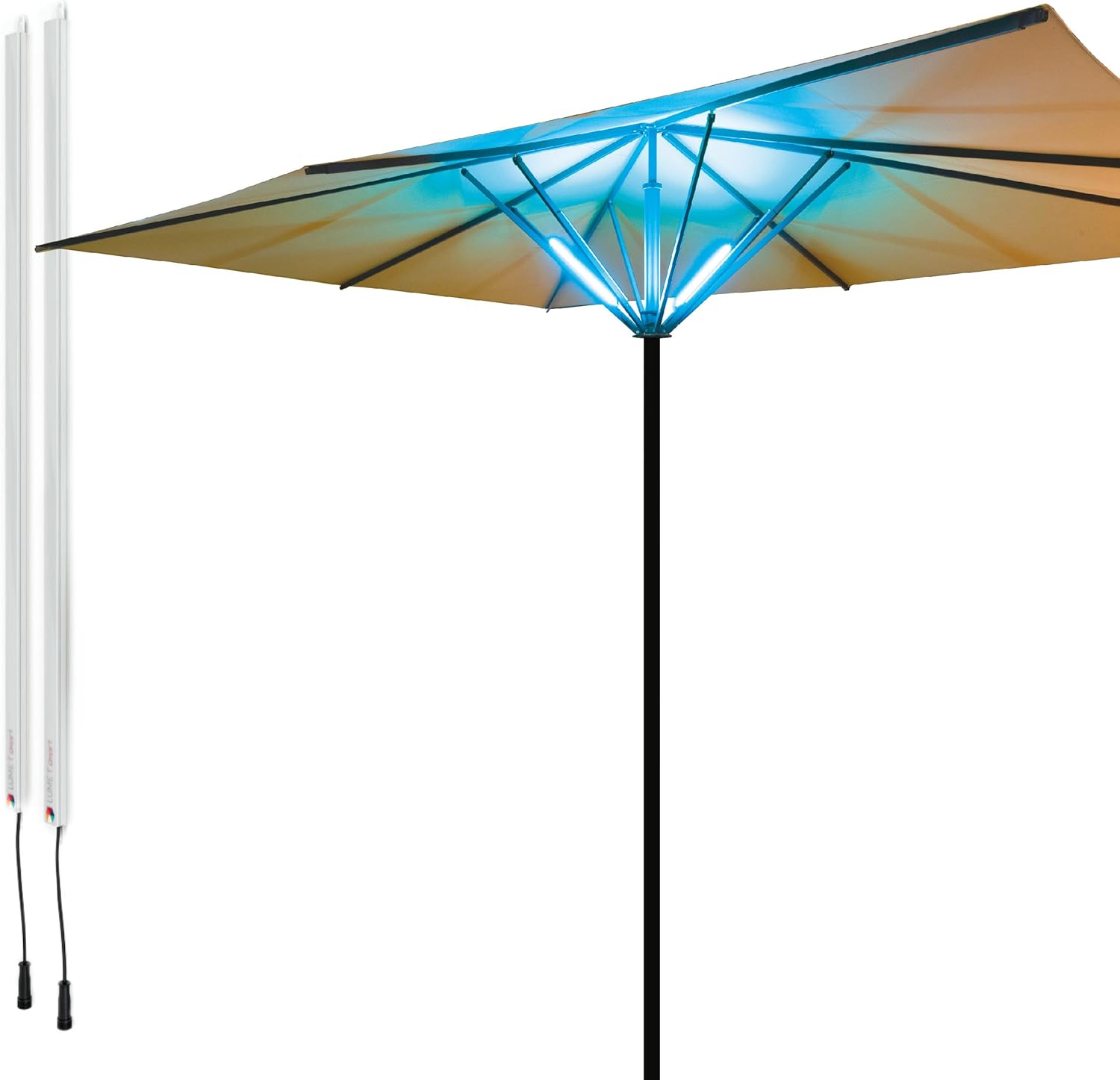 Lume1 Lámpara de sombrilla con mando a distancia, para jardín, 4 tiras LED blancas cálidas de 2700 Kelvin para una iluminación agradable, batería incluida (Smart 2), 11821+11823+11822+11205-Craftgethaus