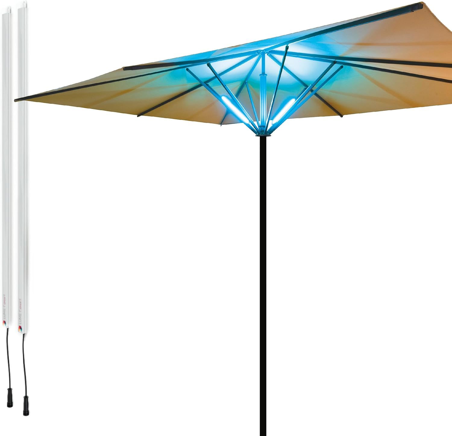 Lume1 Lámpara de sombrilla con mando a distancia, para jardín, 4 tiras LED blancas cálidas de 2700 Kelvin para una iluminación agradable, batería incluida (Smart 2), 11821+11823+11822+11205-Craftgethaus