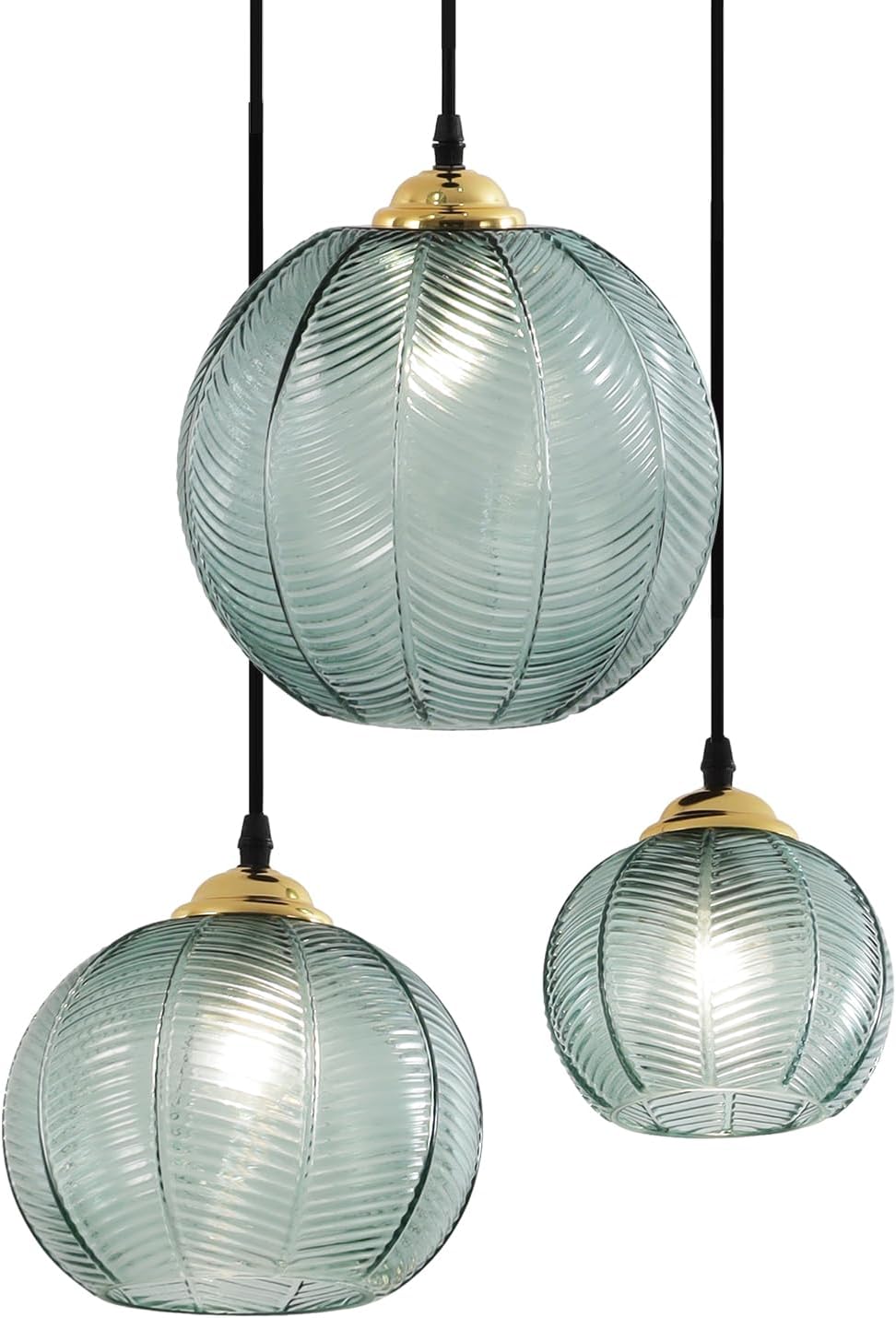 KCO Lighting - Lámpara Colgante Moderna de Vidrio a Rayas Verdes de 3 Luces, Araña Nórdica de Vidrio Acanalado, Diseño de Calabaza Verde, Estilo Mediados de Siglo-Craftgethaus
