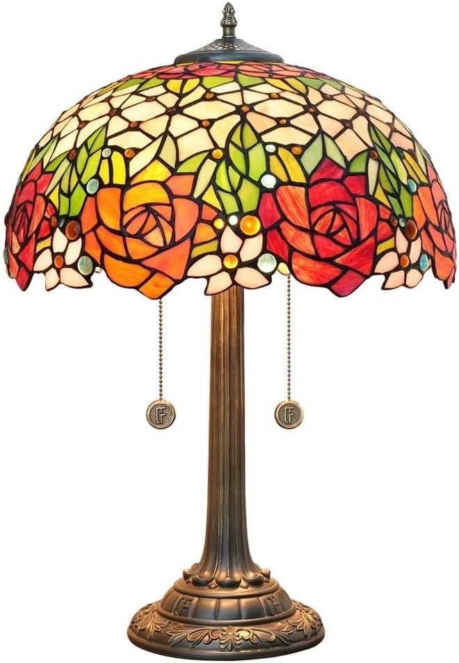 Lámpara de mesa estilo Tiffany de 16 pulgadas con vitrales, rosas vibrantes, estilo vintage, estilo art déco, for lectura, escritorio, mesita de noche, dormitorio, sala de estar y oficina.-Craftgethaus