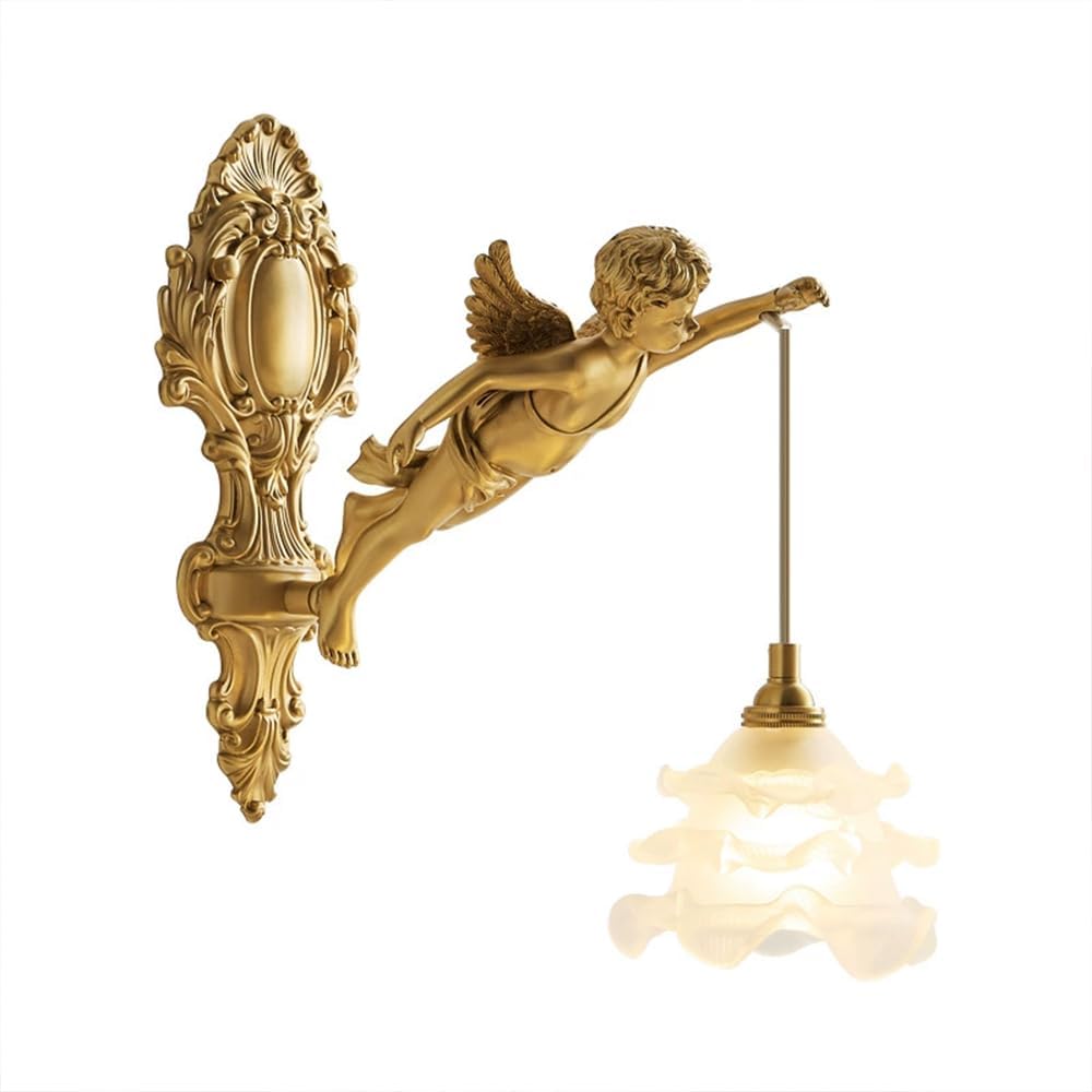Lámpara de pared con forma de ángel, aplique de latón con pantalla de cristal en forma de flor, aplique de pared de cobre, apliques de pared decorativos medievales, casquillo E14, apliques de pared in-Craftgethaus