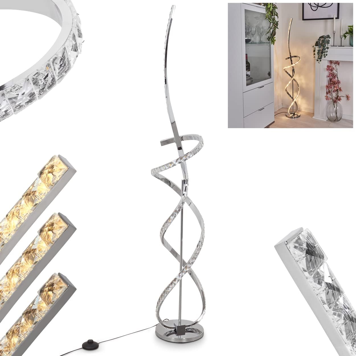 Lámpara de pie LED Robalo, lámpara de pie de metal en cromo/blanco/efecto purpurina, lámpara de pie regulable mediante interruptor de pie, lámpara curva con efecto de luz, LED 31 vatios, 3000 K-Craftgethaus