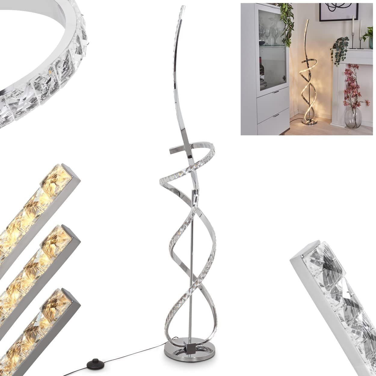 Lámpara de pie LED Robalo, lámpara de pie de metal en cromo/blanco/efecto purpurina, lámpara de pie regulable mediante interruptor de pie, lámpara curva con efecto de luz, LED 31 vatios, 3000 K-Craftgethaus