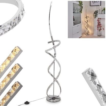 Lámpara de pie LED Robalo, lámpara de pie de metal en cromo/blanco/efecto purpurina, lámpara de pie regulable mediante interruptor de pie, lámpara curva con efecto de luz, LED 31 vatios, 3000 K-Craftgethaus