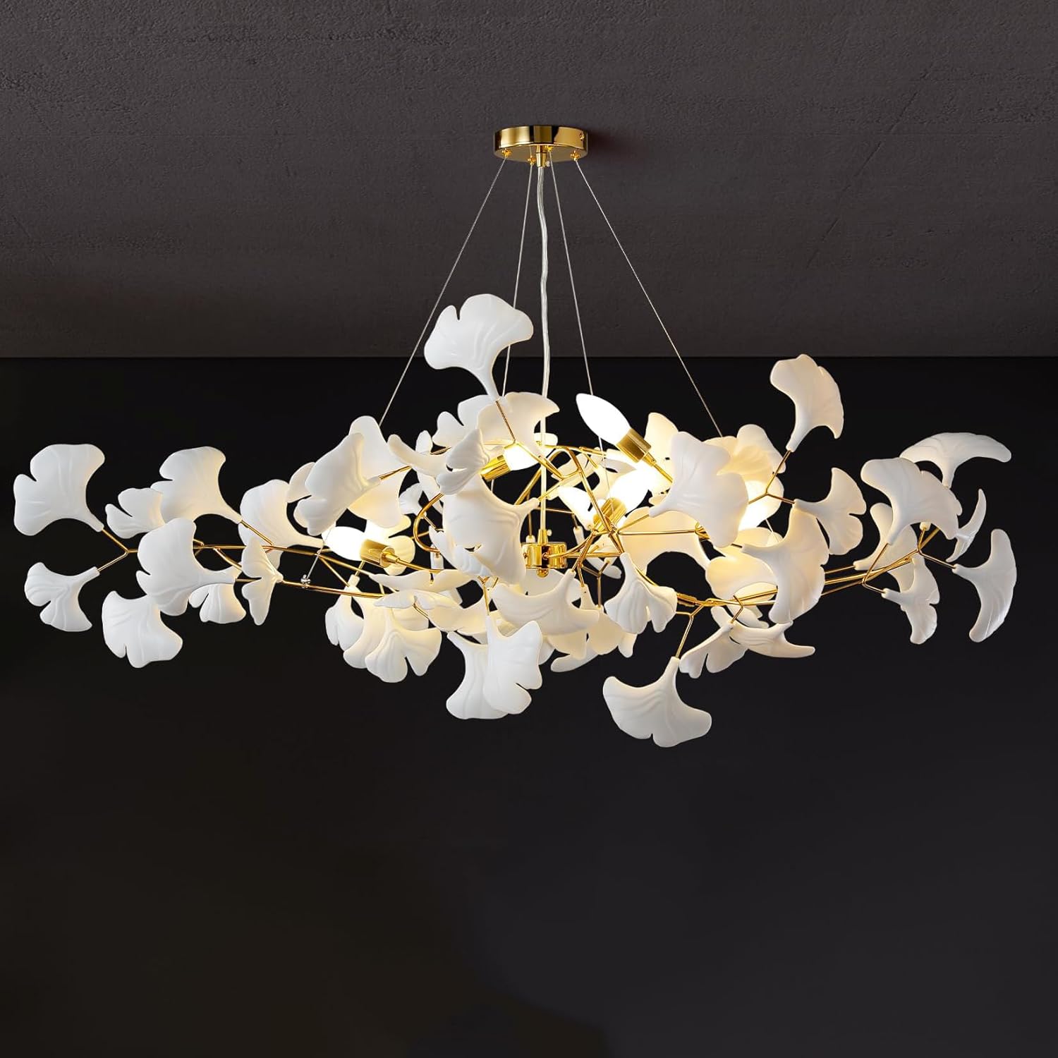 Lámpara de araña moderna de rama, lámpara de araña de hoja de ginkgo de cerámica dorada, lámpara rectangular de 5 luces de latón, lámpara colgante de lujo grande para comedor, sala de estar, isla de-Craftgethaus