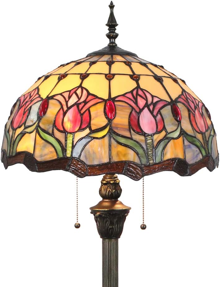 Lámparas de Pie de Tiffany Para Sala de Estar, Vidrieras Tulipán Rojo Flor Sombra Clara Estilo Pastoral 64 Pulgadas de Alto [Excluyendo bombillas]-Craftgethaus