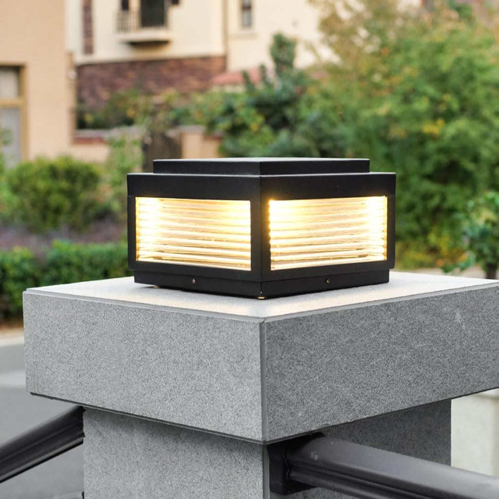 Lámpara De Pilar De Valla Vintage Contemporánea, Pantalla Cuadrada Vidrio, Decoración Patio Y Jardín Estilo Granja, Accesorio De Iluminación Con Acabado Negro, Farol Para Patio-Craftgethaus