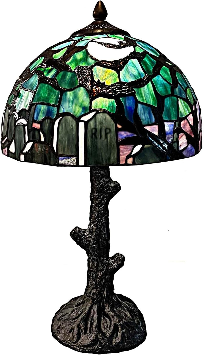 Bieye L30971 Lámpara de mesa de vitral estilo Tiffany - Escena gótica de cementerio con murciélagos, luna llena y diseño de lápida (azul oscuro, 30,5 cm de ancho x 53,3 cm de alto)-Craftgethaus