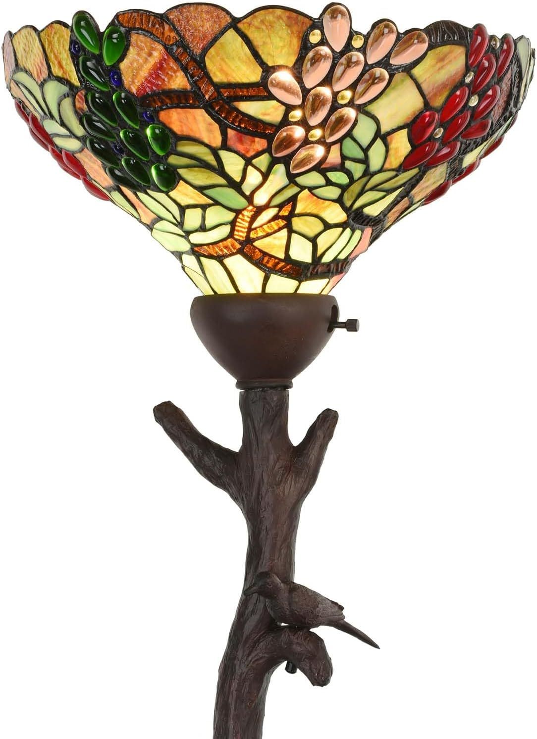 Bieye L30768 Lámpara de pie Torchiere de vidrieras estilo Tiffany de uva con pantalla de 14 pulgadas, base de pájaro en rama, 70,5 pulgadas de alto-Craftgethaus