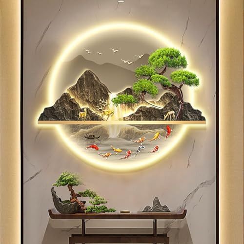 Arte de pared de paisaje de pino 3D con luz LED, lámpara mural tradicional china, escultura de pared oriental para decoración del hogar-Craftgethaus