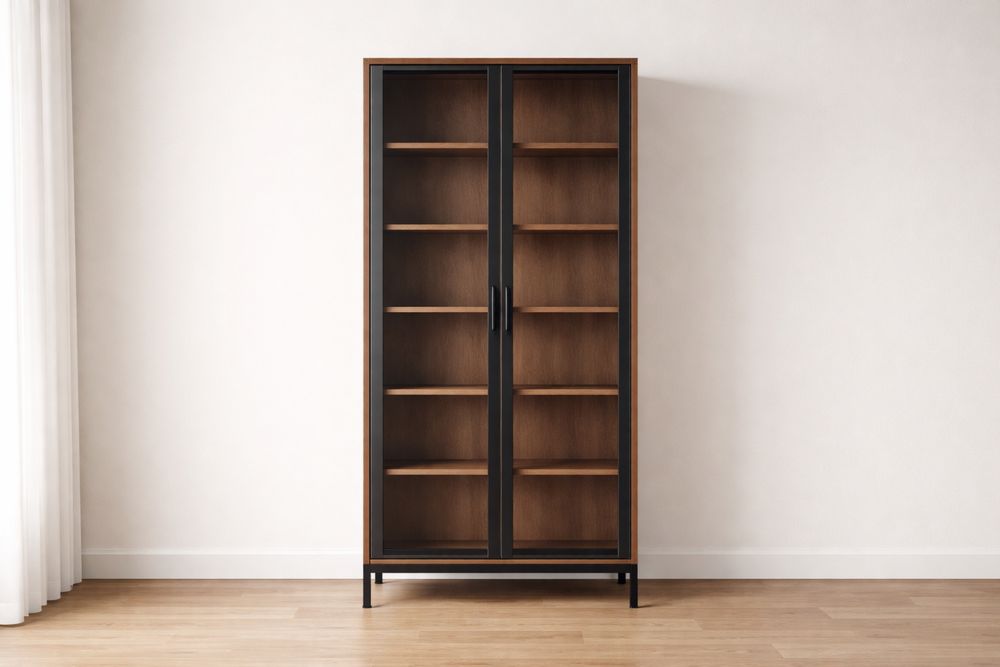 Armoire vitrine en bois et acier avec portes en verre 80x35x180 cm