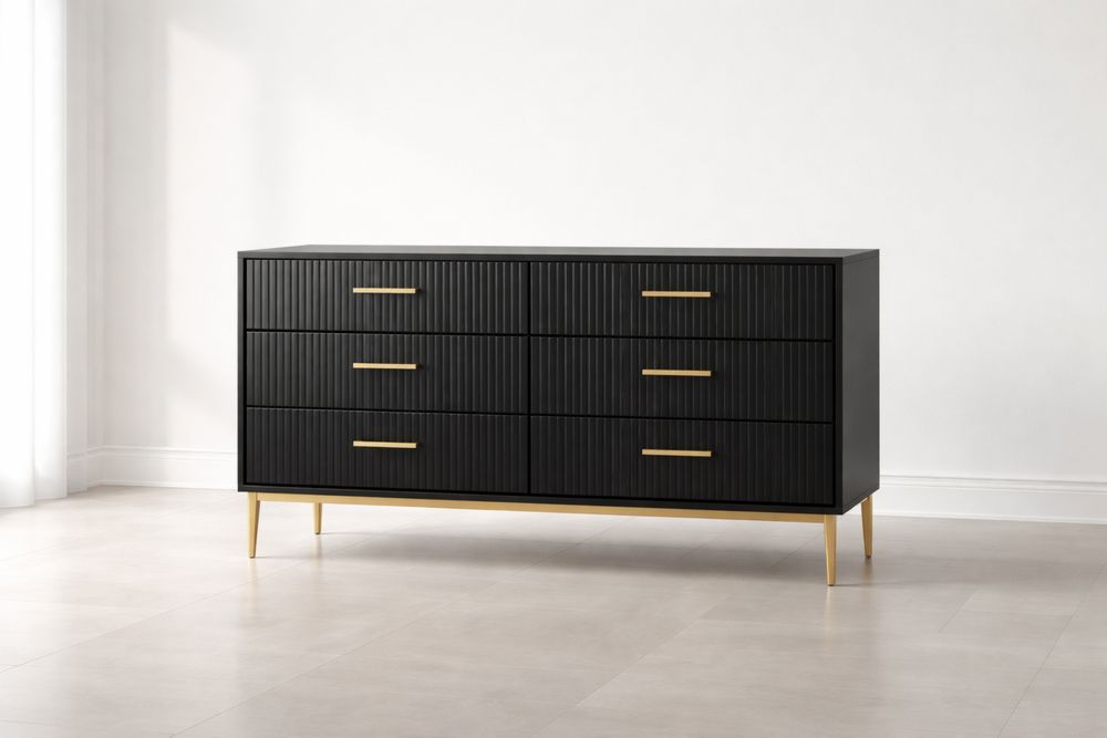 Commode en bois MDF avec pieds en métal doré, 6 tiroirs noir